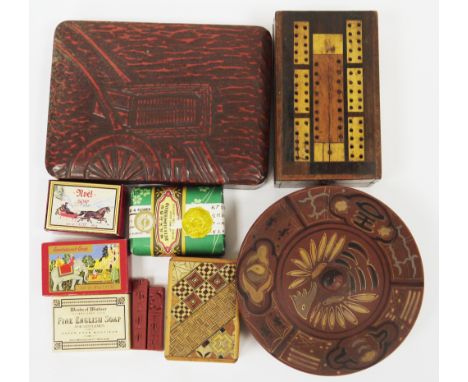 Japanese Himitsu-Bako wooden puzzle box with geometric inlaid decoration, 7.5cm long together with two Asian lacquered boxes 
