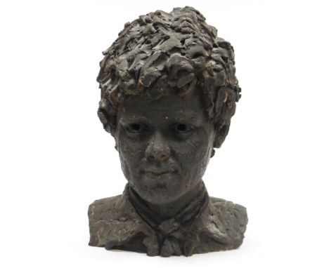 Contemporary terracotta sculpture,&nbsp;bust of a young man, with a black finish, signed with initials RM and dated 1977, 32c