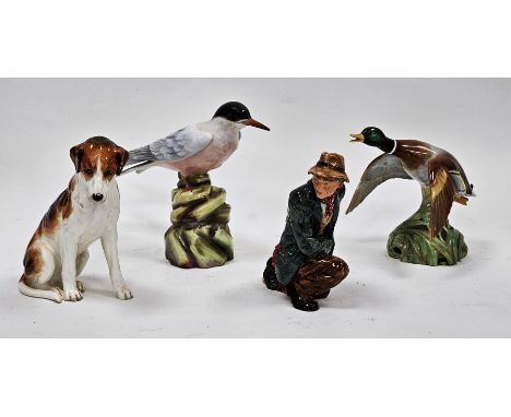 Royal Doulton figure of The Poacher, printed green marks, H.N.2043,  a Royal Worcester model of a seated fox hound 17cm high,