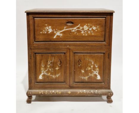 1930's/40's Chinese hardwood cocktail cabinet&nbsp;with mother-of-pearl inlay depicting birds in blossom trees, having a hing