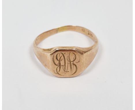 9ct yellow gold signet ring, the square head engraved with initials, size K 1/2, approximate weight 3.2 grams