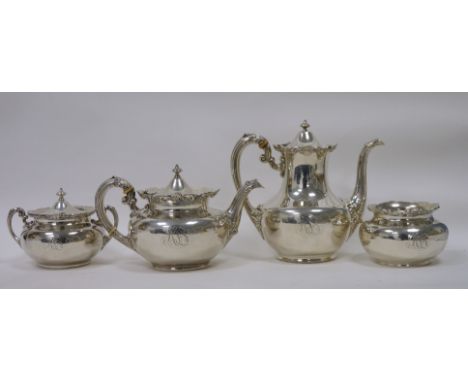 Sterling silver four-piece tea service,&nbsp;comprising teapot, hot water jug, covered sugar bowl and open sugar bowl, squat 