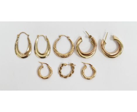 Three pairs of 9ct yellow gold hoop earrings, one pair of twisted bi-colours design, 2.3cm diameter, another pair with an eng