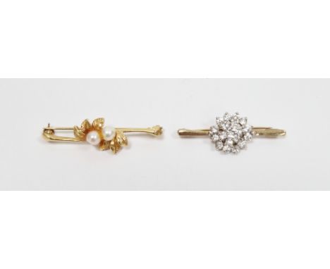 9ct yellow gold and white stone cluster bar brooch, 3.6cm long together with a 9ct yellow gold bar brooch set with two pearls