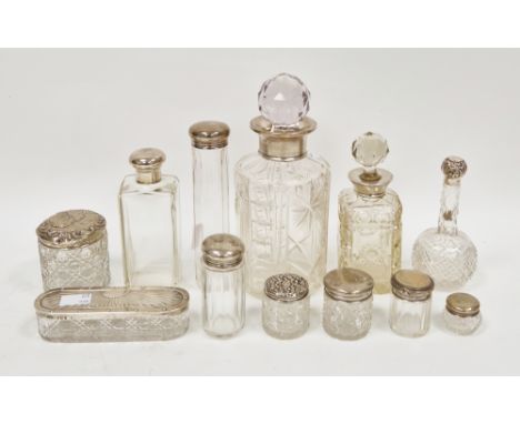 Early 20th century cut glass cylindrical decanter with silver collar, Chester hallmarks, 23cm high,&nbsp;another cut glass de