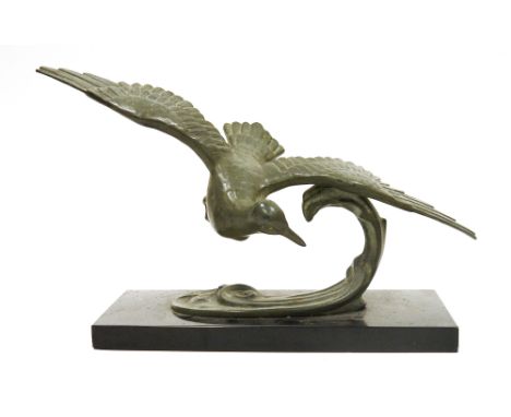 After Emile Gregoire, Art Deco patinated bronze sculpture of a sea bird and a wave, signed Gregoire, on a rectangular black s