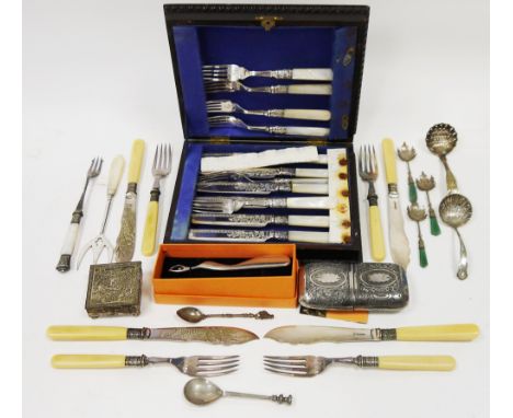 Collection of silver plated items including a wooden cased set of Victorian dessert forks and knives with foliate engraved bl