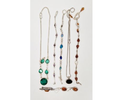 Seven items of contemporary gem and glass set silver jewellery including an opal set bracelet, an amethyst set bracelet, an a