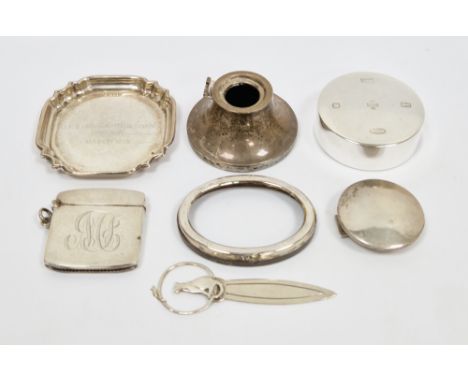 Collection of silver items including a Mappin &amp; Webb pin tray, Birmingham 1979, engraved, an early 20th century vesta cas