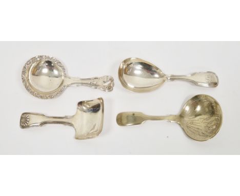 Three silver caddy spoons, the first William IV 1834, William Eaton, fiddle and thread pattern, engraved with initials, 10cm 