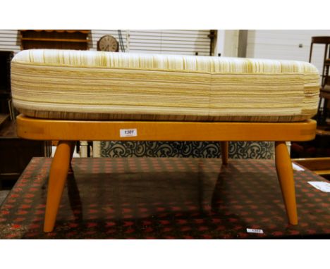 Ercol pale beech windsor extension footstool, model no.341, with cream striped upholstered cushion top, 38cm high x 69cm long
