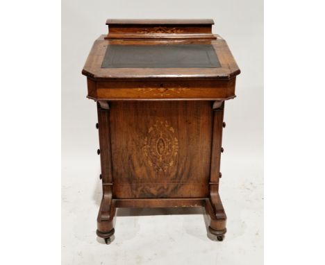 Victorian walnut and burr walnut inlaid davenport, the hinged lid opening to a fitted stationery rack, the hinged sloping fro