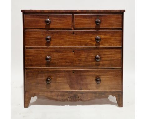 Early 19th century mahogany chest, the caddy top over two short and three long graduated cockbeaded drawers with turned woode