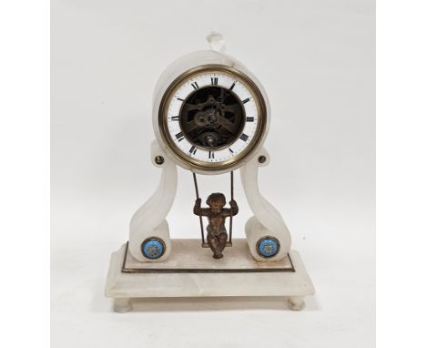 Late 19th century French mantel clock, the open movement surrounded by an enamel chaptering within an alabaster case with the