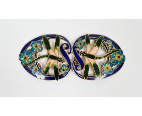 Art Nouveau gilt metal and enamel belt buckle, the pierced design in the form of dragonflies amongst flowers, 11cm long