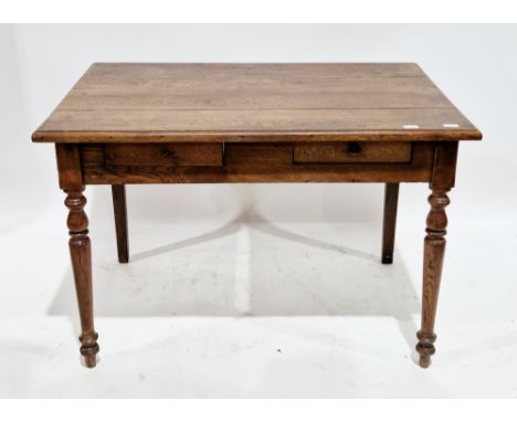19th century French-style oak table, the rectangular plank top with thumbmould edge, over two small frieze drawers, on front 
