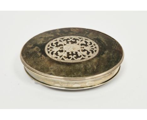 Tortoiseshell and silver pique oval snuff-box and cover, late 18th century, the cover with oval cartouche engraved with initi