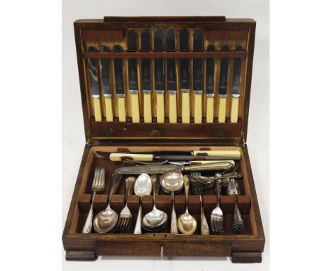 Part canteen of cutlery, Art Deco Grecian pattern handles, comprising twelve knives, twelve forks, six dessert spoons, six so