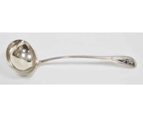 George III Irish silver soup ladle, Dublin 1807, maker's mark rubbed,&nbsp;&nbsp;pointed old English pattern with Irish Celti