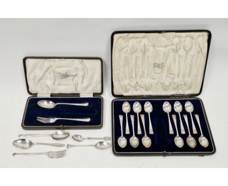 Collection of silver flatware including an Art Deco cased set of twelve teaspoons, London 1931, Wakely &amp; Wheeler, (set la