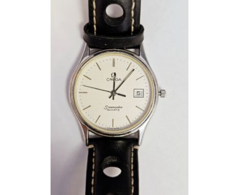 Gentleman&rsquo;s Omega Seamaster Quartz stainless steel wristwatch with baton numerals, calendar aperture, winding crown, mo