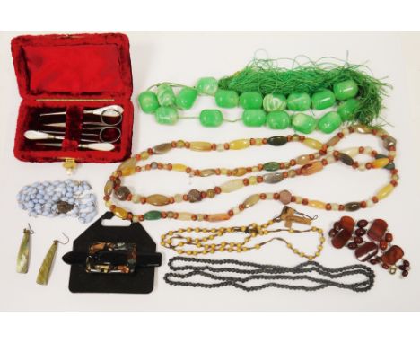 Green leather covered jewellery box containing costume jewellery including marcasite, Gucci gilt metal belt buckle, agate sto