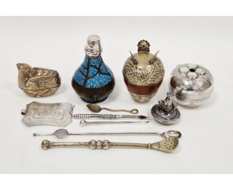Collection of foreign metal items including a lidded trinket box in the form of a bird, Argentinian Yerba mate gourd and bomb