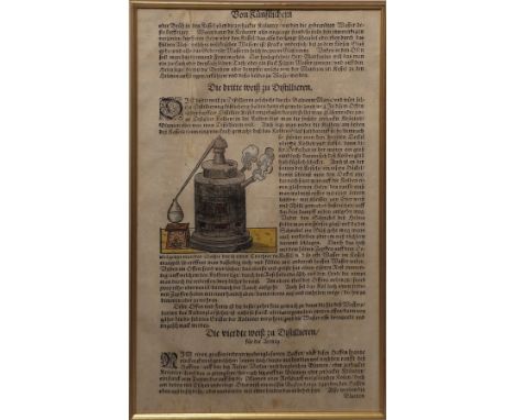 Antique German woodcut chemist's bookplate, the text explaining how to distil water through three different methods, having c