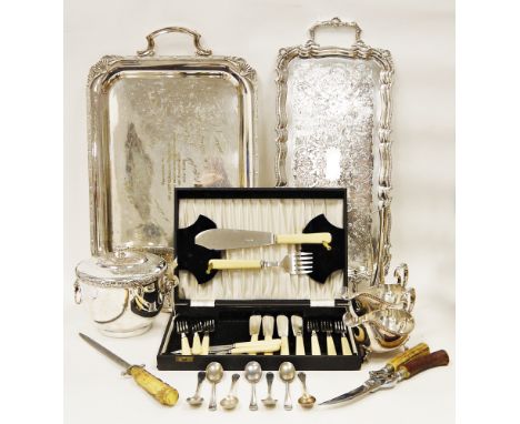 Mixed lot of silver plate and flatware including a pair of Cooper Bros sauceboats, a presentation twin-handled serving tray, 