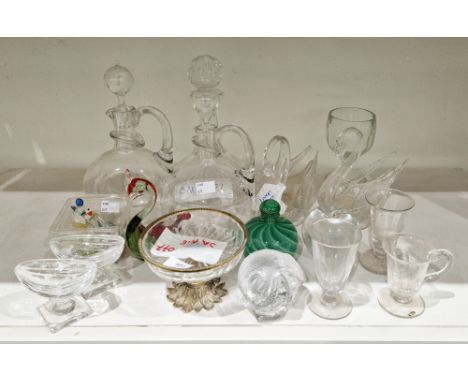 Assorted glassware including a pair of Waterford Regency-style boat-shaped salts on square bases, acid-etched marks, two cara