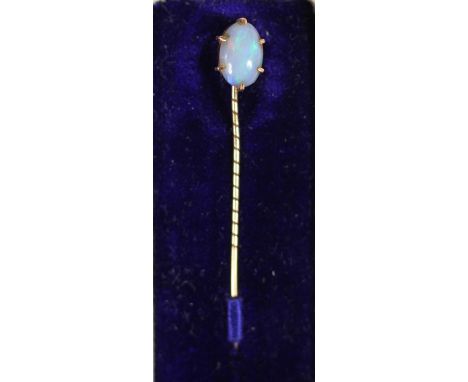 A gold mounted opal set stickpin, 1.1gm, case 