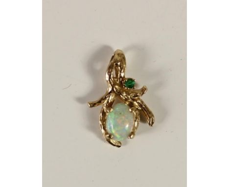 A gold opal and emerald pendant, badly stamped 14K?, 1.2gm. 