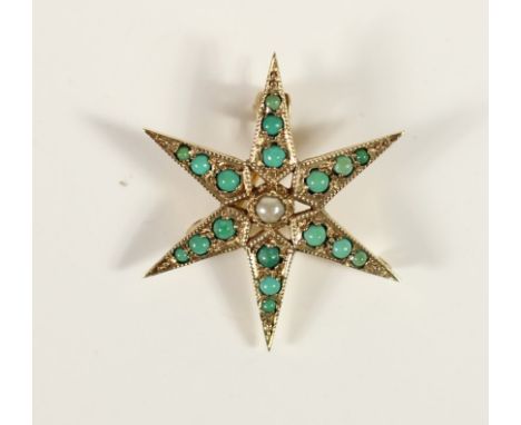 A 9ct gold turquoise and half pearl star brooch, 9ct tab, 2.6gm, 28mm.