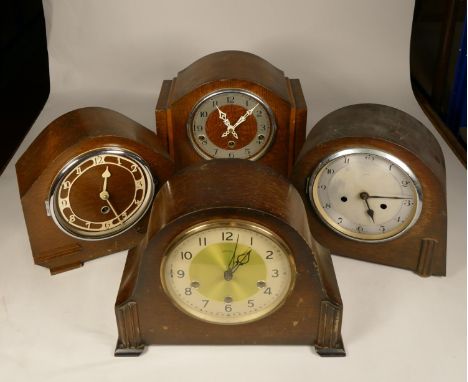 A collection of clocks to include, Enfield wooden mantel clock, Smiths wooden mantel clock, together with barometers (2)