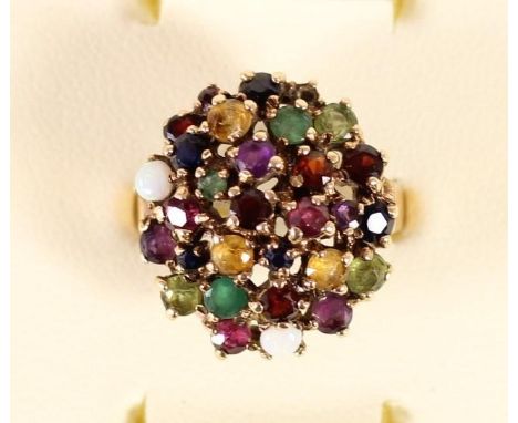 A 9ct gold multi gem set cluster ring, one setting vacant, 6.3gm, 