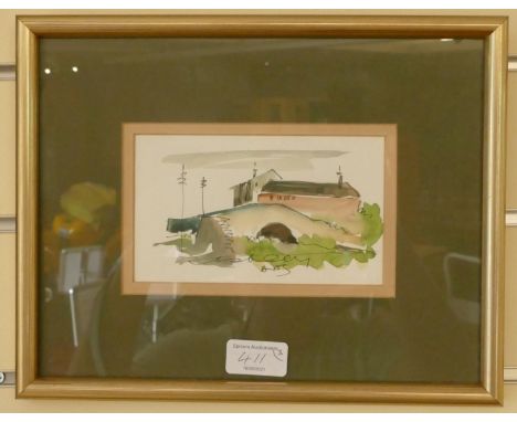 Asley Jackson, two pen, ink and watercolour sketches, 9 x 15 cm and a ltd ed print, Moving Light, 11/900, signed in pencil an