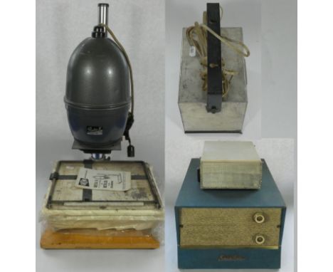 A 1950s/60s Fidelity portable record player together with a portable battery/AC record player, together with A Beta 11 35mm p