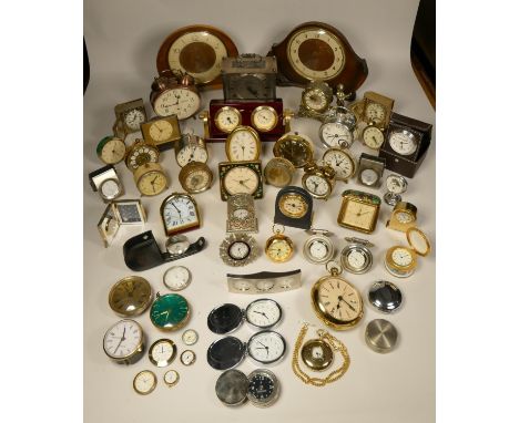 A collection of clocks to include, a copper Amsua alarm clock, a Anstey Wilson quartz clock, over-sized pocket watch and othe