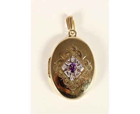 A 9ct gold amethyst and diamond oval locket, 3.4gm, 26 x 18mm 