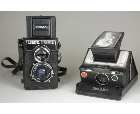 Two film cameras, including a Lubitel 166B twin lens camera and a A Polaroid SX-70 Land Camera 