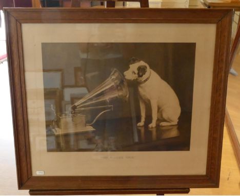 An early 20th Century mahogany over mantle mirror 103 x 87 cm together with a oak framed 'His Masters Voice' print. (2) 