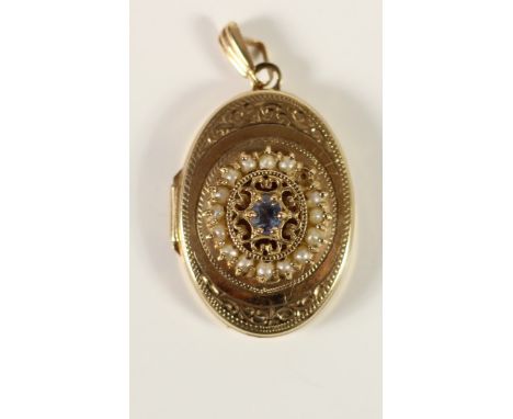 A 9ct gold sapphire and half pearl locket/pendant, one setting vacant , 4.8gm, 26 x 18mm