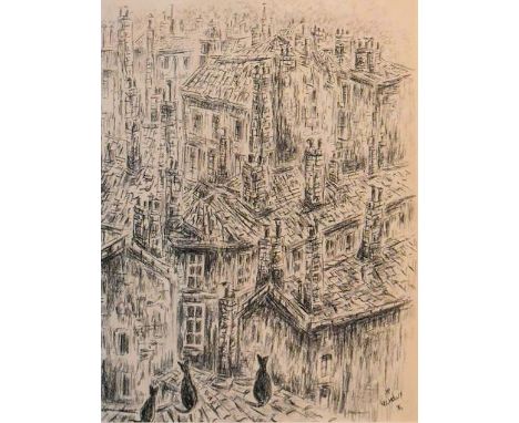 Jean-Pierre Lachaux, a framed and glazed pencil sketch, Paris across rooftops, signed and dated and certified to the reverse.