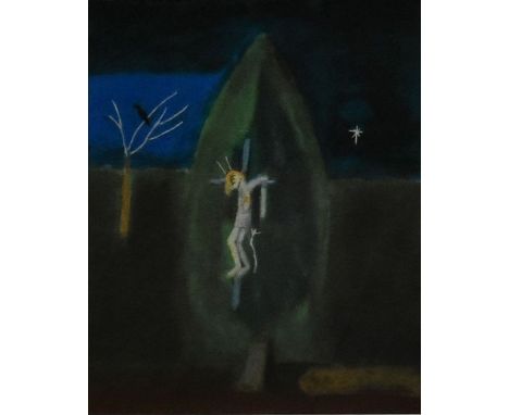 Craigie Aitchison (1926-2009), screen print, crucifixion, signed and dated to the reverse with all good wishes. H.53 W.42cm 