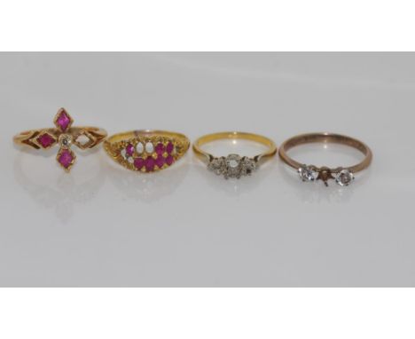 Three 18ct gold, stone set rings needing repairs weight: approx 8.1 grams, with a 9ct ring weight: approx 1.7 grams