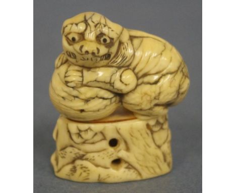 Antique Japanese ivory temple dog netsuke on a ivory traditional scenic base netsuke, signed to base of temple dog,H5cm appro