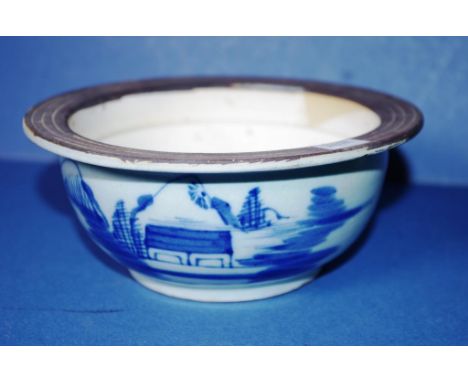 Chinese blue & white ceramic bowl cobalt blue village scene decoration. Dia18cms approx.