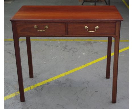 George III Chippendale period side table fruitwood and mahogany, with 2 drawers opening with swan handles supported by chamfe