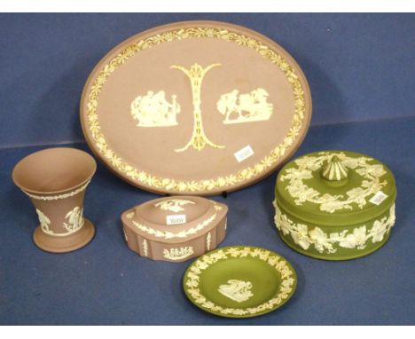 Five various Wedgwood jasperware ceramic pieces including lilac oval plate; covered bowl; & posy vase; &  sage covered bowl; 