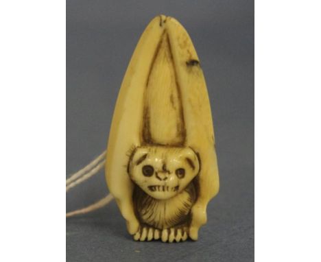 Antique Japanese bat ivory netsuke. C1920. May not be exported without CITES documentation. H5cms approx.